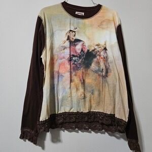 Bit & Bridle Western Cowgirl Horse Graphic Lace Trim Long Sleeve Top Brown 1X